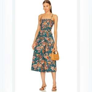 Ulla Johnson Floral Midi Dress - Vibrant Orange & Green, Shirred Bodice